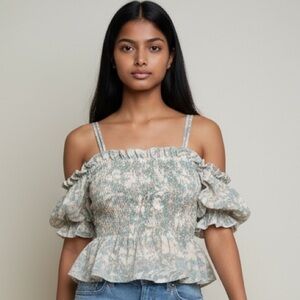 Miss Me Floral Ruffled Off-Shoulder Adjustable Smocked Tank Top Casual Blouse